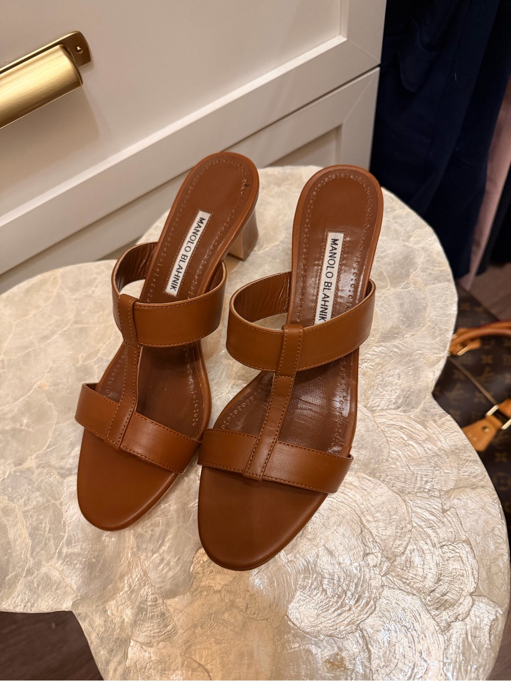 Manolo Blahnik Tan Leather Double-Strap Block Heel Sandals